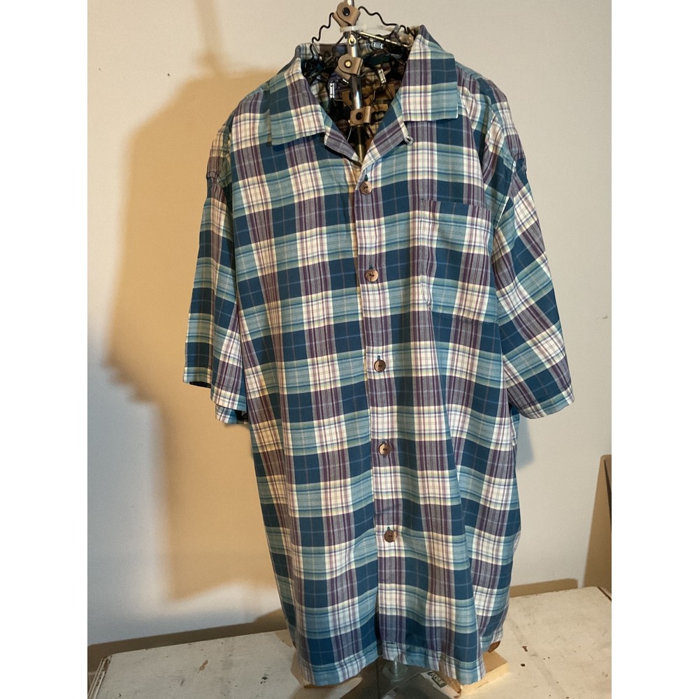 Tommy Bahama Mens XL Silk Plaid Short Sleeve Camp Shirt Teal Purple Original Fit